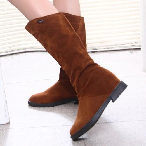 Autumn Winter Women Boots Matte Flock Boots For Female Ladies Height Increased Low Heel Shoes Lady Mid Calf High Boots plus 40