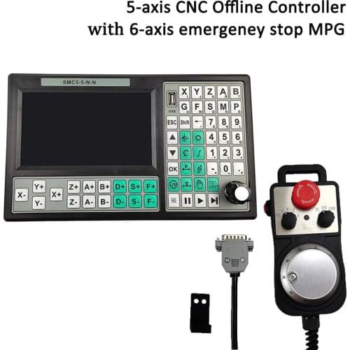 CNC 5Axis Offline Mach3 USB Controller SMC5-5-N-N 500KHz G-Code 7 inch Large Screen + 6 Axis Emergency Stop Hand Wheel MPG