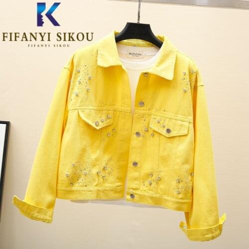 Jeans Jacket Women 2021 New Fashion Diamonds Pocket Lapel Loose Short Denim Jackets Female Korean Casual Solid Color Jeans Coat