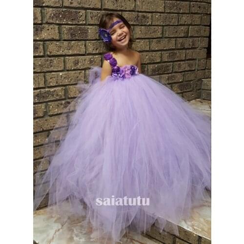 Purple Fairy petal Flower Girls Wedding Dress Princess Kids Ball Gown Dress for Girls Pageant Party Clothes Tulle Falda