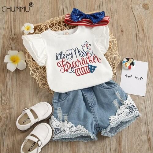 Toddler Baby Girls Kids Summer Clothes Two Piece Cotton White Fly Sleeve Top and Denim Lace Shorts Outfit Sets Casual Girls Suit