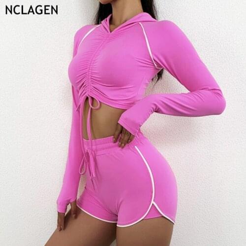 NCLAGEN Women Sportwear Yoga Set Gym Fitness Suit Short And Top Hooded Long Sleeve High Elastic Running Workout Sport Outfit