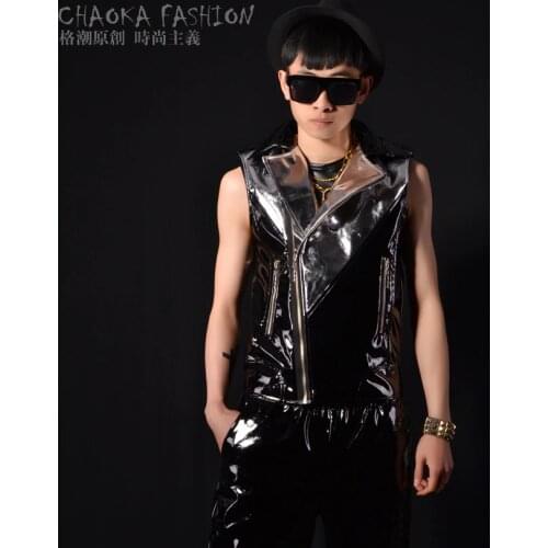 2020 New Korean Fashion Slim The Paint Color Mosaic Stunning Leather Vest Djds Locomotive Bar Singer Dance Performance Costumes