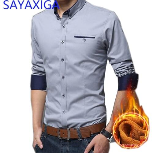 2019 New arrival winter warm fleece shirt for men business leisure casual blouse turn down collar long sleeves slim fit tops 5XL