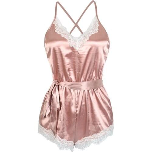 Womens Sexy Lace One-piece Pajamas, Backless V-neck Lace-up Elastic Slim Sling Jumpsuit, Daily Life