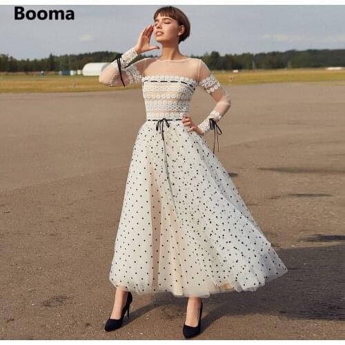 Booma Polka Dots Tulle Midi Prom Dresses Long Sleeves Lace Ribbons A-Line Formal Evening Gowns Tea-Length Wedding Party Dresses