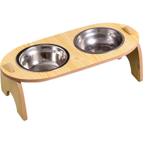 Portable Pet Feeder Cat And Dog Food Bowl Wooden Dish Rack Drinking Basin Double Bowl Protecting Cervical Spine Pet Dish Rack
