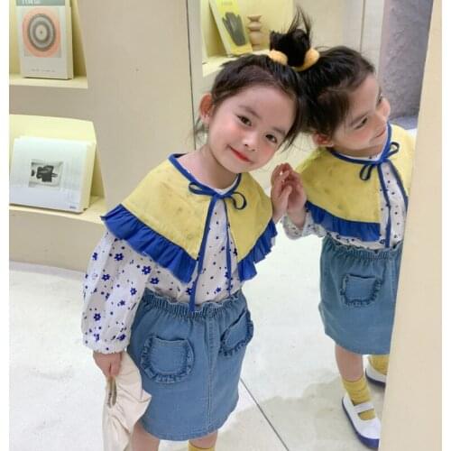 Autumn New Arrival Korean style fashion flowers printed long sleeve shirt with big lace lapel for cute sweet baby girls