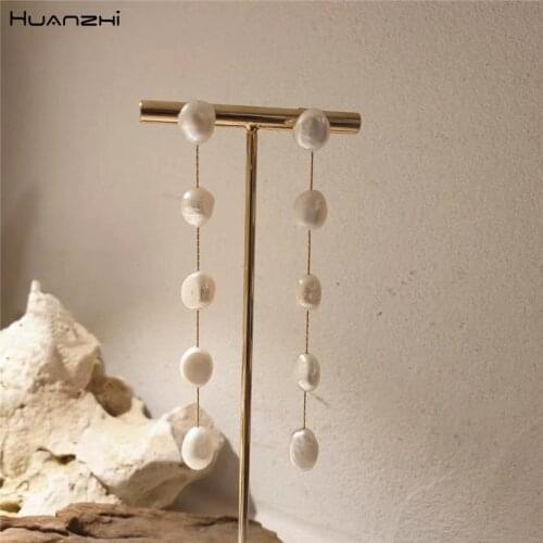HUANZHI 2020 New S925 Trendy Vintage Irregular Natural Pearl Tassel Chain Long Drop Earrings for Women Girls Party Jewelry Gifts