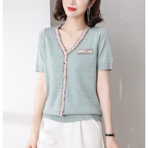 Summer New Knitted Sweater Women Loose Jumper Female Pullover V neck Short sleeve Women Shiny Lines Casual Sweater