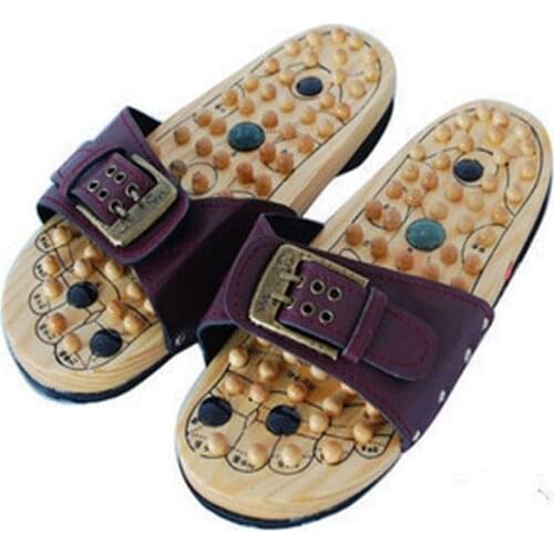 Health care Wooden base acupunture foot massage slippers natural stone acupoint massage slippers