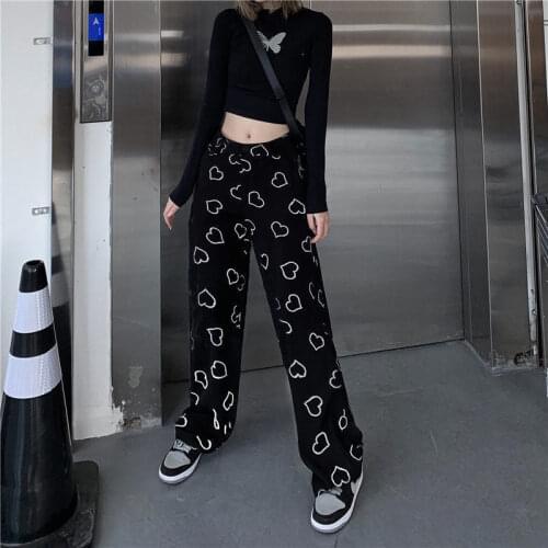 Harajuku Heart Print Women Pants Hip Hop Wide Leg Pant Vintage Korean Style Trousers Women Fashion 2021 Spring