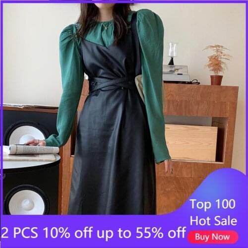 Two pieces women sets autumn fashionable long sleeve shirts + strap leather dresses 21561