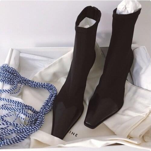 2021 Womens Shoes Fashion Personality Short Boots Womens Stretch Boots the Same Style Stiletto High Heels Mid-tube Boots