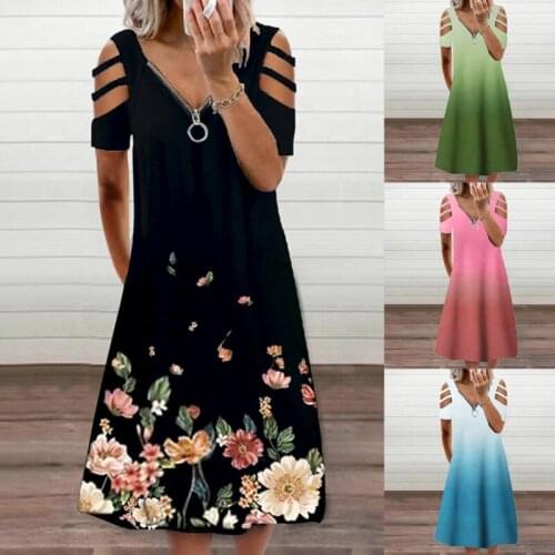 New Printed Hollow Out Zipper V-Neck Ladies Dress Summer Gradient Color Beach Soft Casual Female Holiday Dress
