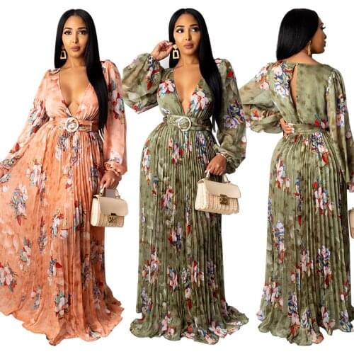 Sexy Lady Women Deep V-Neck Chiffon Floral Print Pleated Floor Length Maxi Dress Club Party Long Vestido 2021 Sping Winter
