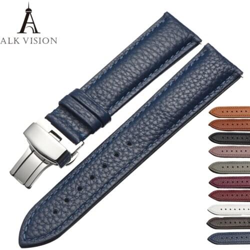 ALK Watchband Brand Genuine Leather Belt Deployant Buckle Band Butterfly Clasp Strap sized in 12 14 16 18 20 22 24mm