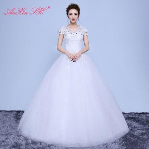 AXJFU princess white flower lace wedding dress vintage sparkly party v neck beading crystal flower red ball gown wedding dress