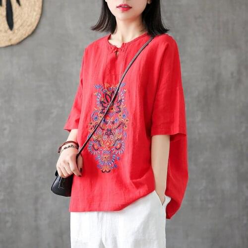 Women Blouse Plus size 100% Cotton Linen Blouse Vintage Short sleeve Summer Embroidery Tops Shirt Ladies Casual White Red Yellow