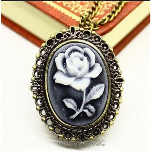 Bronze POCKET WATCH Women WHITE ROSE RELIEF chain necklace Watch Woman Jewelry Vintage Style Victorian Retro