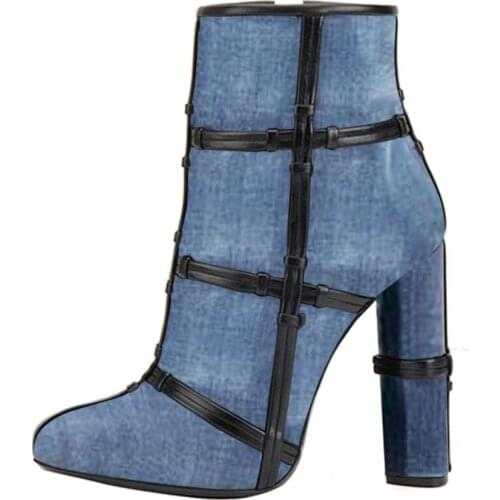 Denim Round Toe Booties Block Heel Zipper Sewing Thread Winter Spring Autumn Ankle Boots Blue Black Runway Dress Shoes