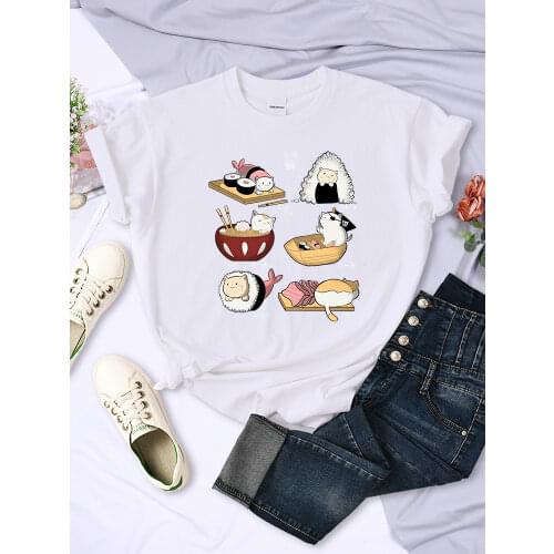 Food Cute Cat Sushi Cartoon Style Printing Women T-shirt Large Size Clothing Fashion Style Tshirt o-Neck Casual Female T shirts