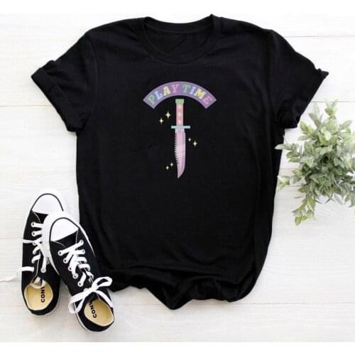 Play Time T-shirt Women Dagger Graphics Tee Shirt Femme Fashion Loose Black Women T Shirt Personalized Streetwear Tshirt Women