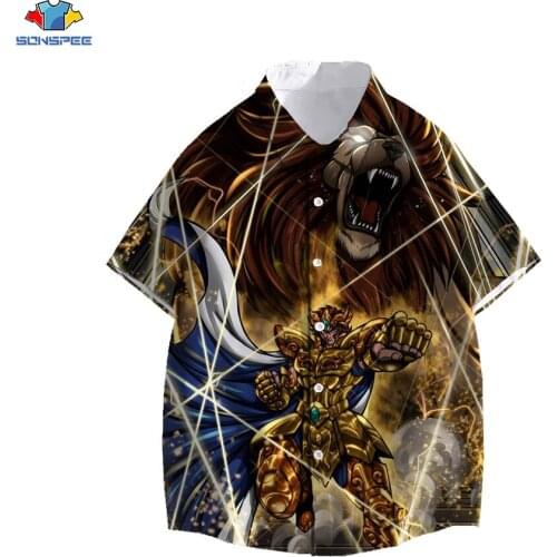 SONSPEE Anime Saint Seiya Hawaiian Print Shirt Men Women Harajuku Short Sleeve Streetwear Summer Hip Hop Beach Oversize Top