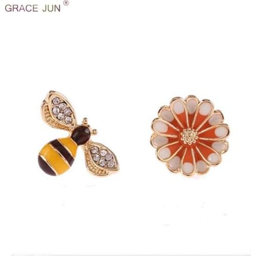 GRACE JUN Hot Sale Rhinestone Enamel Cute Bee Flower Shape Clip on Earrings No Pierced for Girls Party Birthday Charm Ear Clip