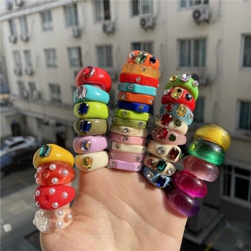 HANGZHI 2020 New Korean Resin Acrylic Geometric Irregular Colorful Rhinestone Rings Minimalism for Women Girls Party Jewelry