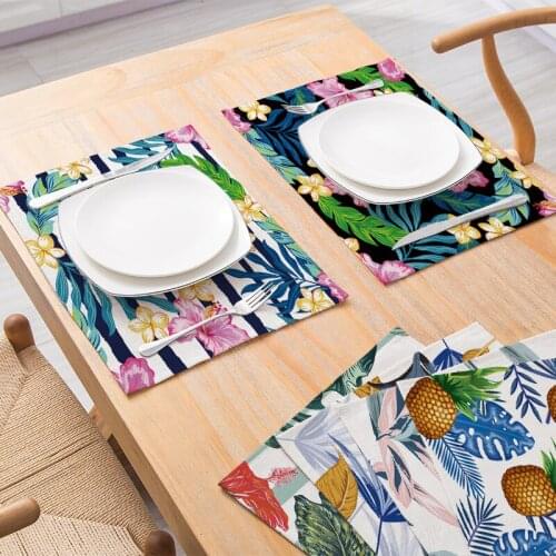 1 Pcs Placemat Table Mat Hand Painted Green Leaves Printed For Tables Heat-insulation Linen Kitchen Dining Pads 42*32cm