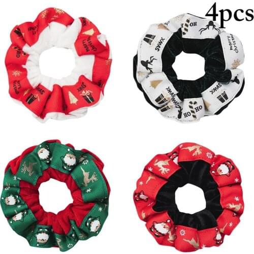 4Pcs Fashion Printing Christmas Hair Rope Hair Scrunchie Santa Elk Ribbon Decor Velvet Hair Tie Ponytail Holder Hair Accessories