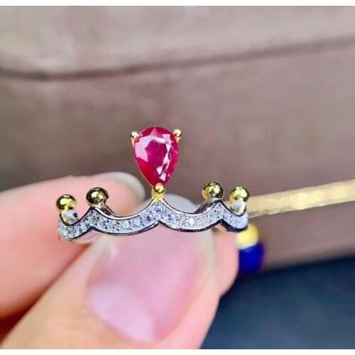 Fashion lovely crown Water drop Natural red ruby gem ring S925 silver natural gemstone ring girl women party gift fine jewelry