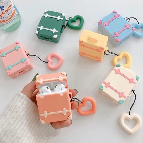 For Apple AirPods Fashion 3D Cute Trunk Suitcase Luggage Bag Case for Airpods 2 Wireless Earphone Cover with Finger Ring Strap