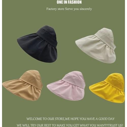 UV Protection Big Brim Bucket Hats For Women Summer Sunscreen Collapsible Empty Top Fisherman Hat Hip Hop Solid Color Panama Hat