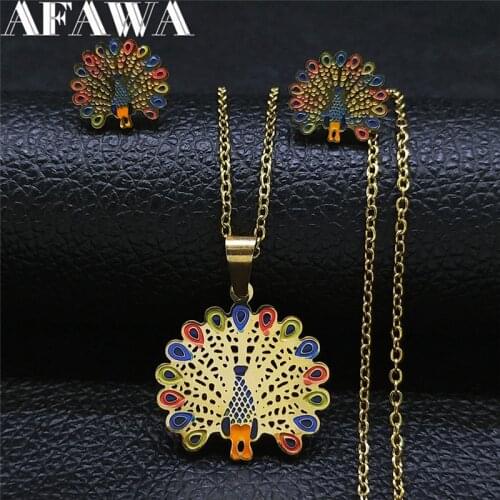 Animal Peacock Stainless Steel Enamel Necklace Earings Sets for Women Gold Color Set Jewelry acero inoxidable joyeria S9514S01