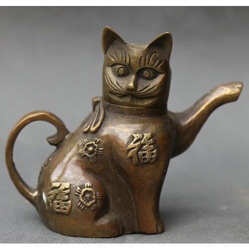 Details about Asian Superb Collectible Old Handmade Casting Brass Cat Statues Teapot