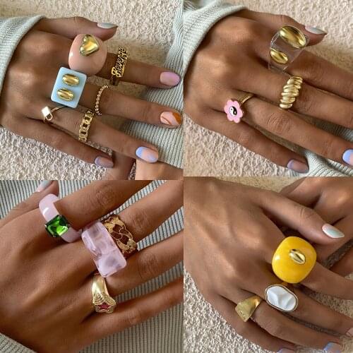 DIEZI Vintage Green Big Stone Charm Knuckle Joint Rings Set For Women Fashion 2021 Pink Acrylic Star Finger Rings Girls Jewelry