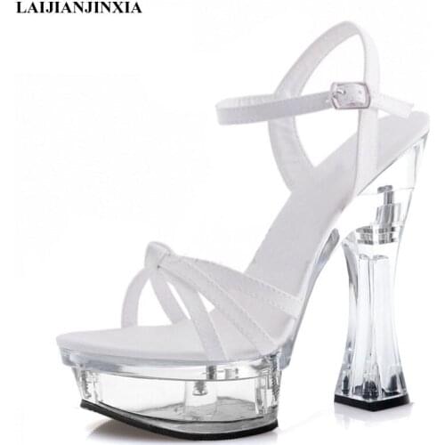 New 14 Cm Super High Stripper Heeled Shoes 6 Inch Open Toe Patent Leather Women Platform Sandals Crystal Thick Pole Dance Shoes