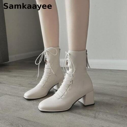 Size 35-39 Womens Boots Spring Autumn Female PU Leather Martin Botas Lace-Up Zipper 6CM Heels Round Toe Platform Mujer Shoes Y51