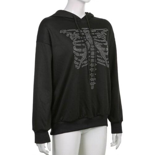 Women Gothic Black Long Sleeve Hoodies Rhinestone Skeleton Breastbone Pattern Drawstring Sweatshirt Harajuku Loose Tops