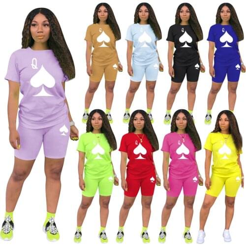 2021 Summer New Womens Peach Heart Q Printed Sports Pants Two-Piece Set Polyester Texture Print