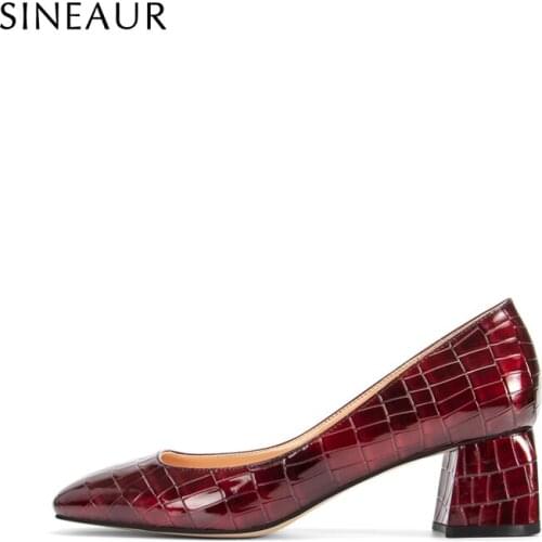 SINEAUR Women Shoes Fashion Low Mid-heel Pumps Chunky Heels Square Toes Crocodile Print PU Elegant Office Ladies Plus Size 35-45