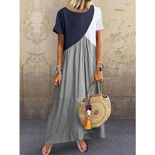 Womens Geometric Stitching Contrast Color Irregular Short-Sleeve Pullover Dress Ladies Plus Size Casual A-Line Long Dresses