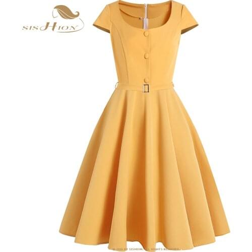 SISHION Short Sleeve Solid Color Yellow Dress VD1916 2021 Hepburn Swing Retro Vintage Party Summer Dress with Belt