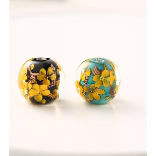 5pcs 16mm Round Yellow Flower Murano Glass Beads Lampwork Charm Beads Fit European Fashion Charm Bracelet DIY Jewelry Making