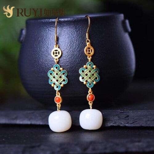 Antique Earrings Earrings Chinese Style Old-Shaped Beads Hetian Jade Earrings Ethnic Style Retro Temperament Chinese Knot Ear Cl