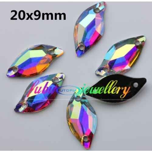 Free Shipping, 100pcs/Lot, 20x9mm Crystal AB / Clear AB Flat Back #3254 Diamond Leaf Resin Sew On Stones