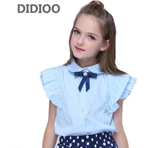 Kids Shirts for Girls Summer Petal Sleeve Blouses Child Solid Shirts School Girls Blue Tops 4 6 8 10 12 14 Years Teenage Blouses