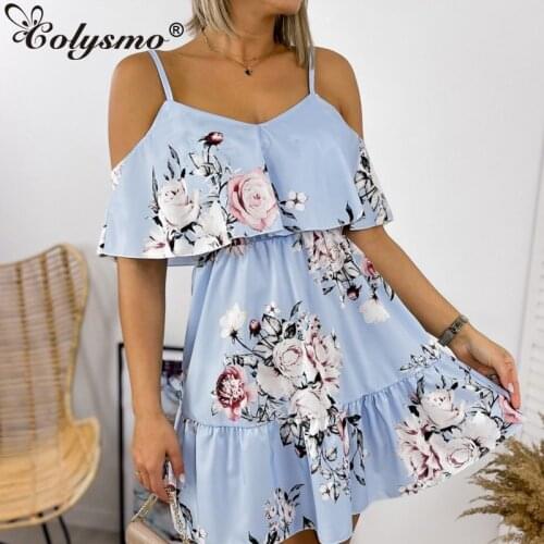 Colysmo Ruffle Floral Dress Spaghetti Strap Cut out High Waist A Line Mini Dress Sweet Party Robe Summer Dress for Women 2021